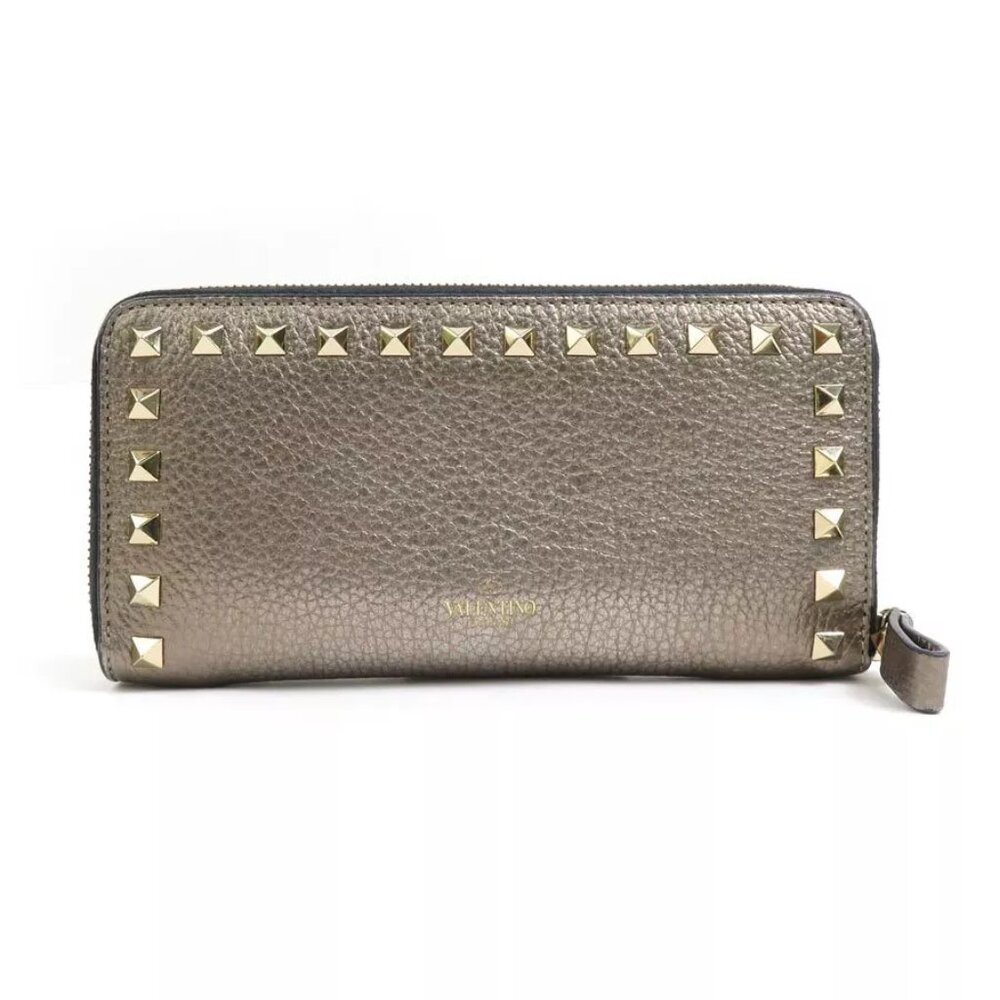 Auth Valentino Garavani Rockstuds Zip Around Long Wallet Gold/Black